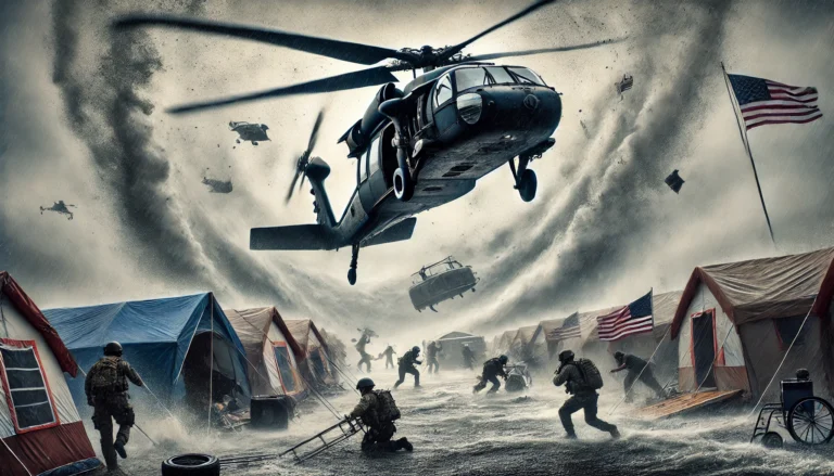 National Guard Black Hawk helicopter disrupting Hurricane Helene recovery efforts.