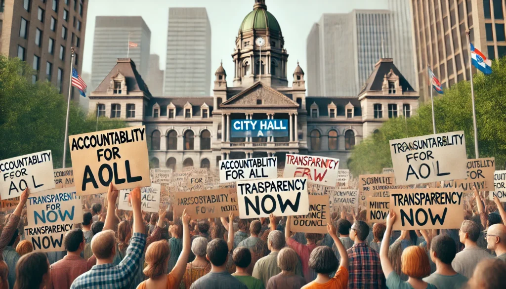 Protests outside City Hall demanding accountability from Mayor Eric Adams.