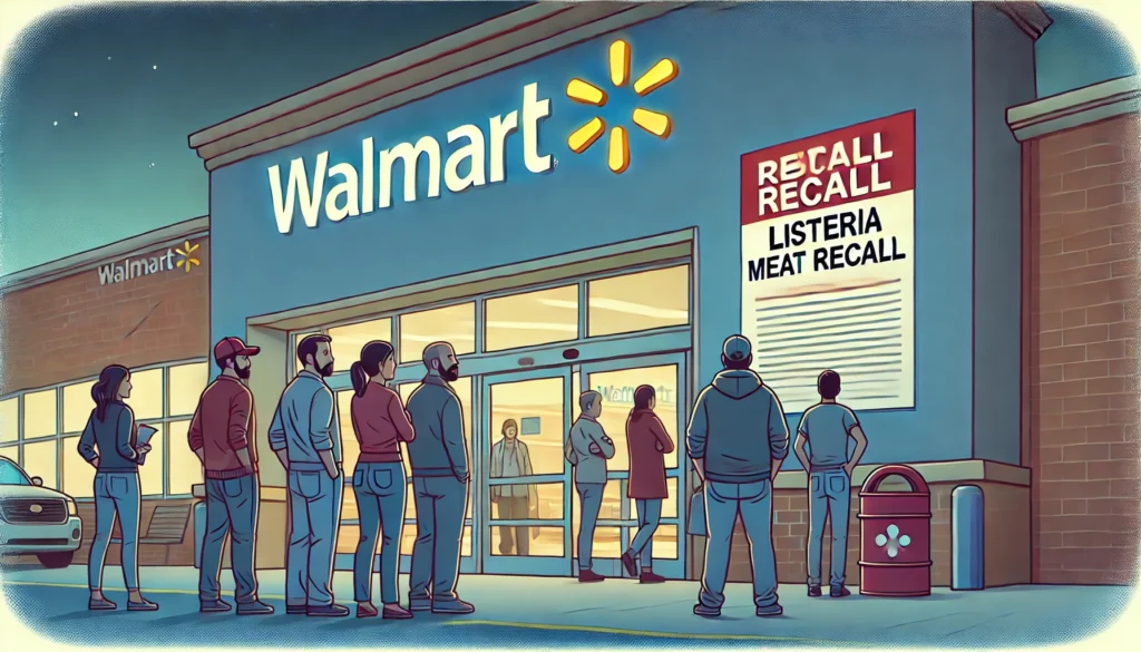 Concerned consumers outside a Walmart store reading a notice about the Listeria recall.