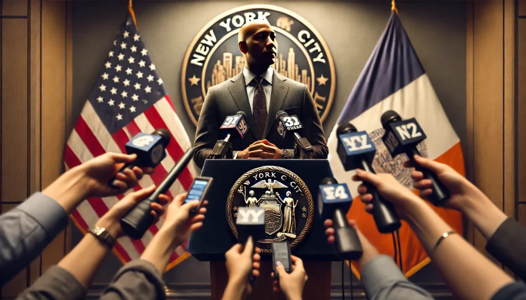 Mayor Eric Adams addresses the media about recent controversies.