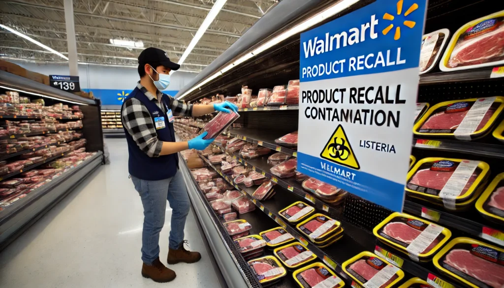 Walmart employee removing meat products from shelves due to a Listeria recall.