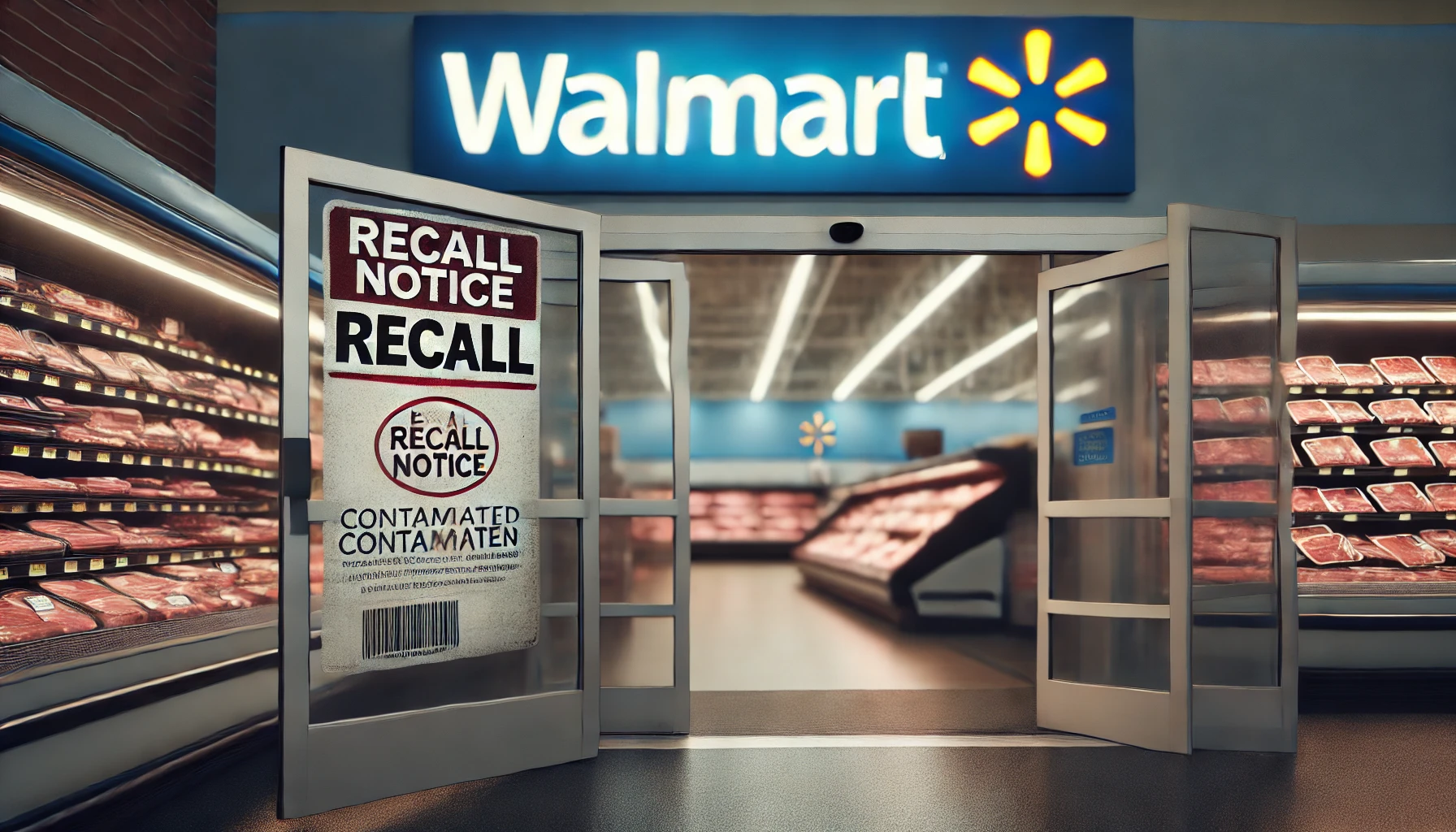 Walmart store in Collierville with a recall notice on the entrance due to Listeria contamination.