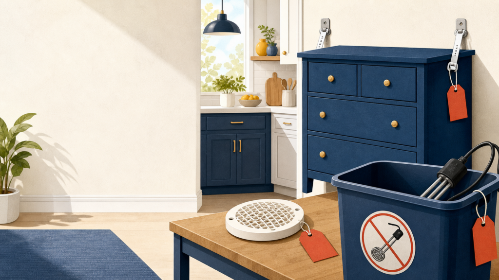 Symbolic BadPD editorial illustration showing a wall-anchored dresser, a pool drain cover, and an unplugged immersion heater in a disposal bin.