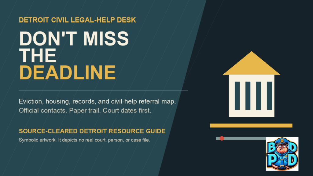 BadPD symbolic Detroit civil legal-help resource guide artwork. It does not depict a real court, person, residence, case file, or public record.