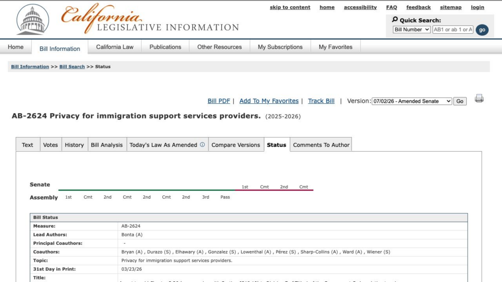 Screenshot of the California Legislature official status page for AB 2624 showing it active in committee.