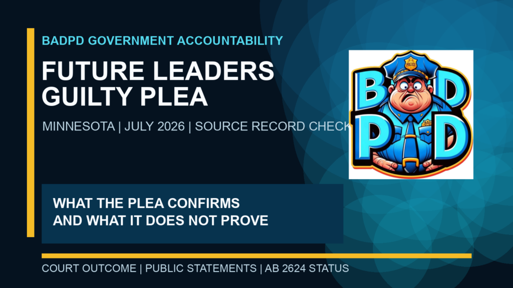 BadPD editorial card reading Future Leaders guilty plea: what the plea confirms and what it does not prove. The original BadPD logo is shown unchanged.