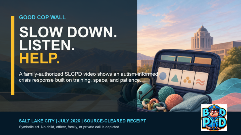 BadPD Good Cop Wall social card reading Slow down. Listen. Help. It uses symbolic sensory-kit art; it does not depict the family, child, officers, or private call. The original BadPD logo is shown unchanged.