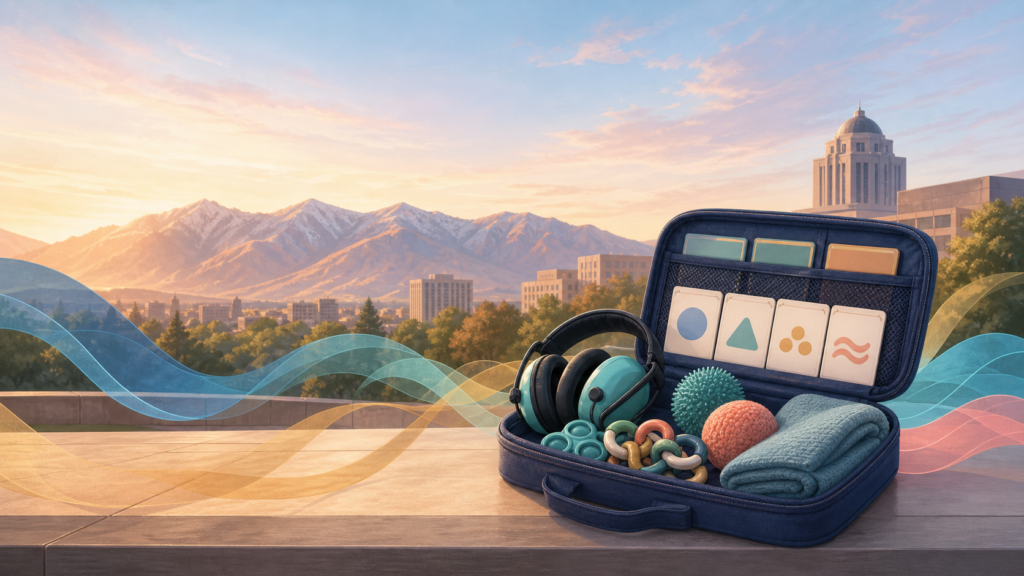 Symbolic editorial illustration of a sensory-support kit with headphones, communication cards, textured tools, and a mountain backdrop.