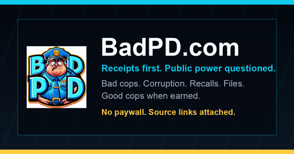 BadPD.com logo and receipts-first editorial graphic