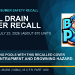 BadPD consumer-safety recall card: CPSC recalled Sviyatp pool drain covers on July 23, 2026 for entrapment and drowning hazards. The original BadPD logo is unchanged.
