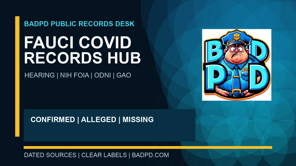BadPD editorial graphic titled Fauci COVID Records Hub, listing Senate hearing, NIH FOIA, ODNI, and GAO, with confirmed, alleged, and missing labels. The original BadPD logo is shown unchanged.