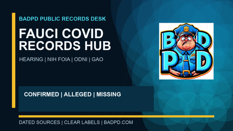 BadPD editorial graphic titled Fauci COVID Records Hub, listing Senate hearing, NIH FOIA, ODNI, and GAO, with confirmed, alleged, and missing labels. The original BadPD logo is shown unchanged.