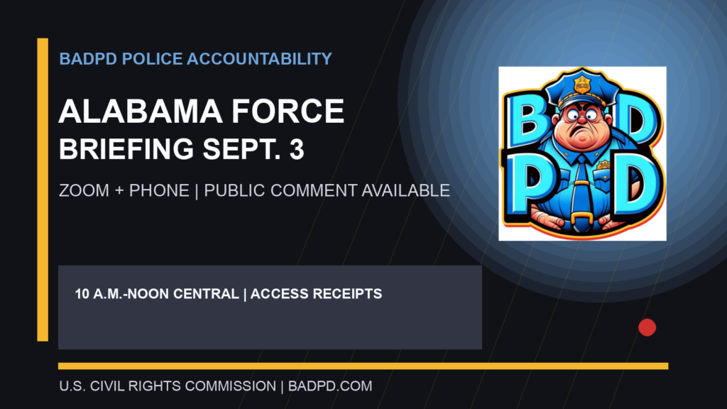 BadPD graphic with September 3, 2026 Alabama police use-of-force civil rights briefing details