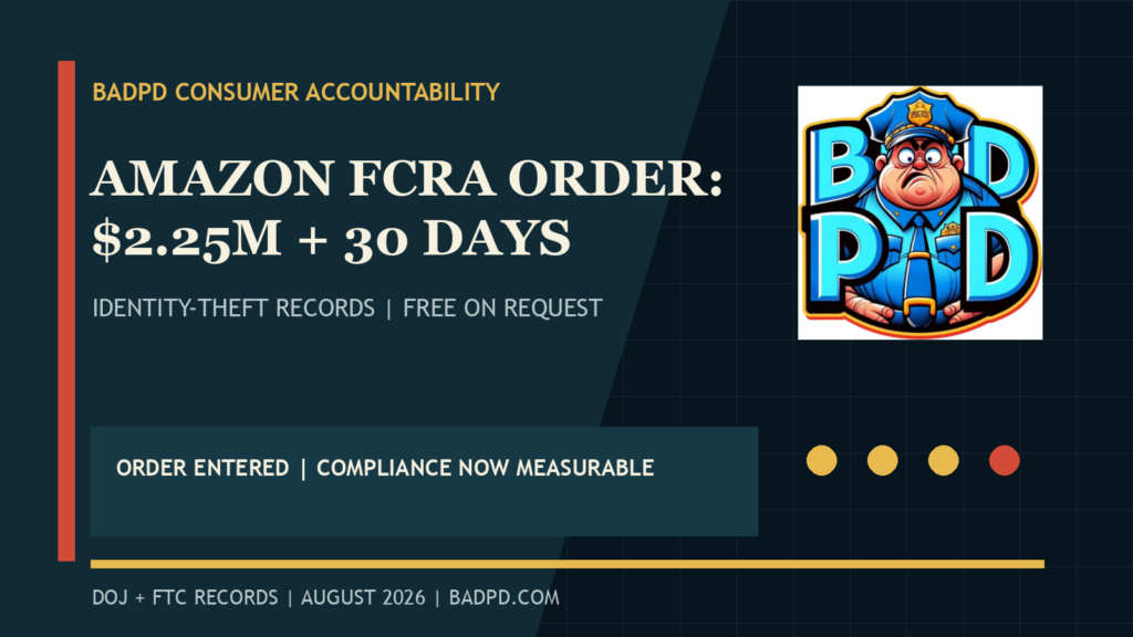 BadPD graphic explaining the 2026 Amazon order, $2.25 million penalty and 30-day identity-theft records requirement