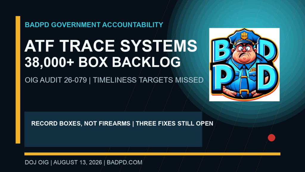 BadPD government accountability card for DOJ OIG Audit 26-079 and the ATF National Tracing Center record-box backlog