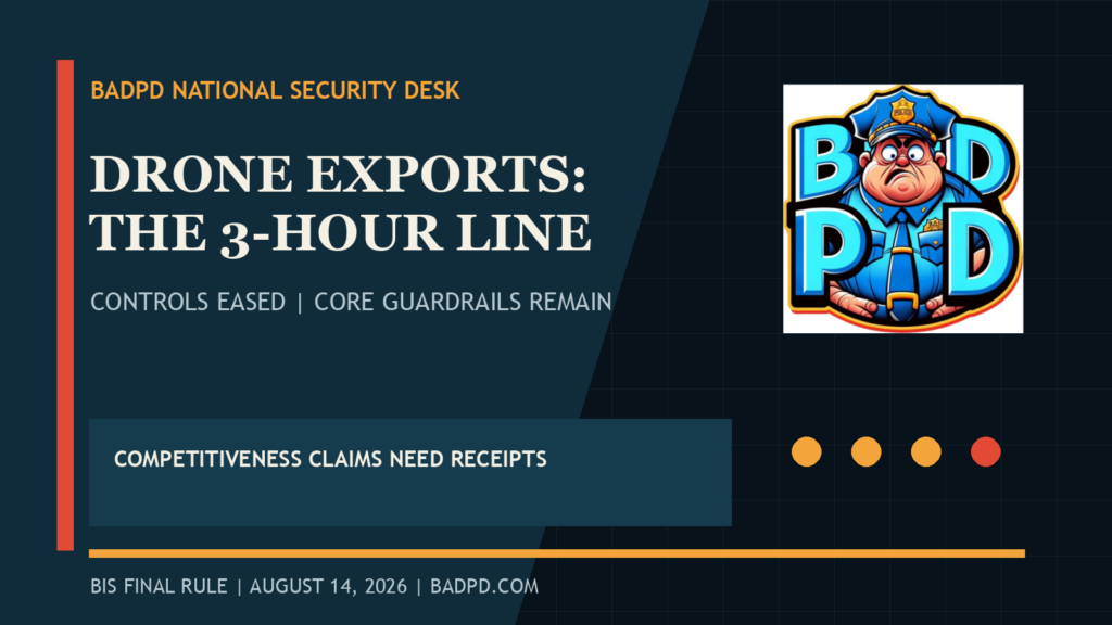 BadPD graphic explaining the BIS 2026 drone export rule and its new three-hour endurance line