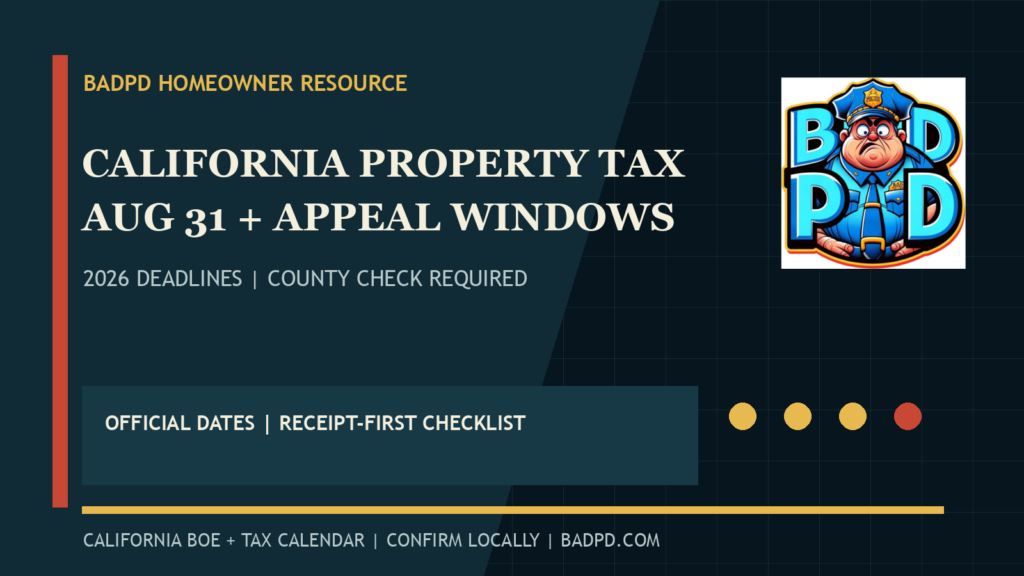 BadPD California property tax deadline card showing August 31 and county assessment appeal windows for 2026