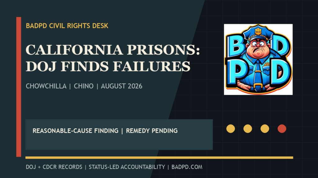 BadPD graphic summarizing the 2026 DOJ findings about safeguards at California women's prisons in Chowchilla and Chino