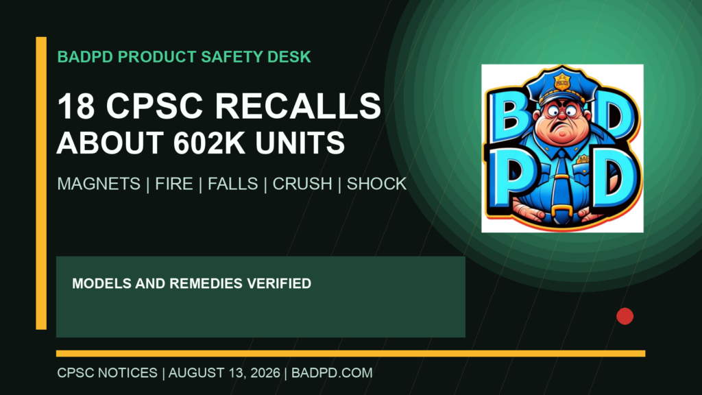 BadPD recall card stating 18 CPSC notices cover about 602,000 products