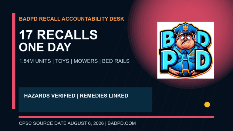 BadPD graphic for 17 CPSC recalls dated August 6, 2026
