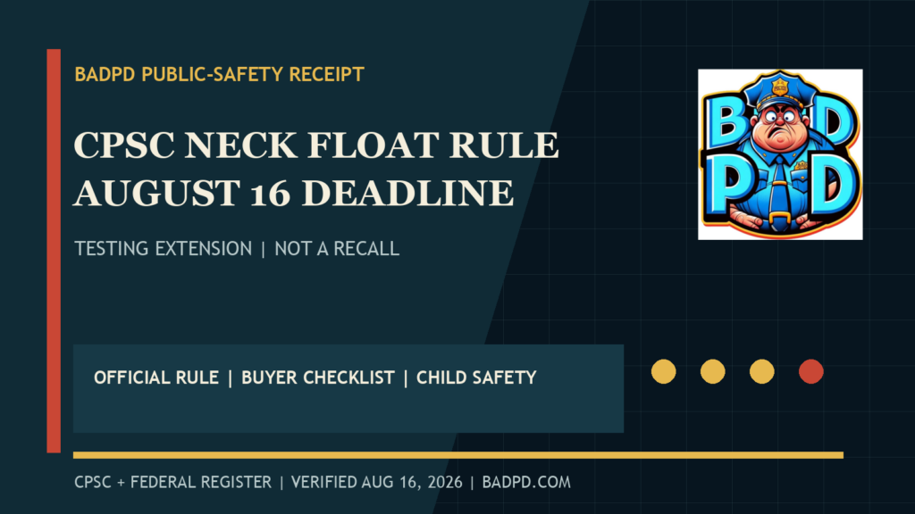 BadPD public-safety card for the August 16, 2026 CPSC neck float testing deadline