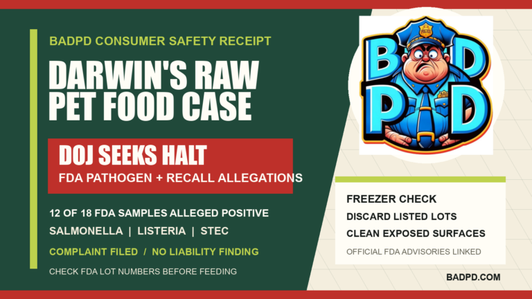 Darwin's raw pet food DOJ lawsuit and FDA safety advisory brief