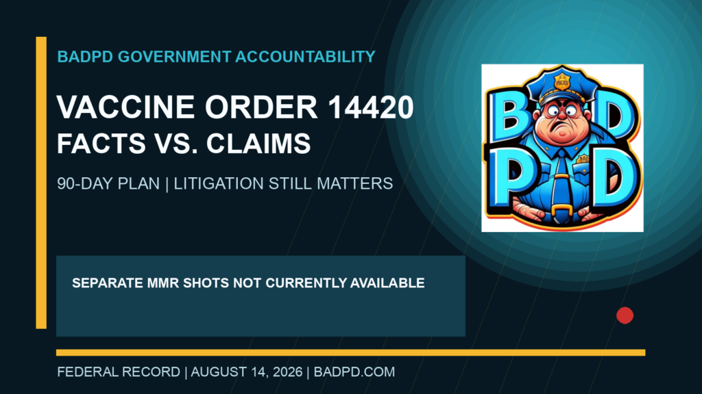 BadPD graphic explaining facts, claims and open questions in Executive Order 14420 on childhood vaccine policy