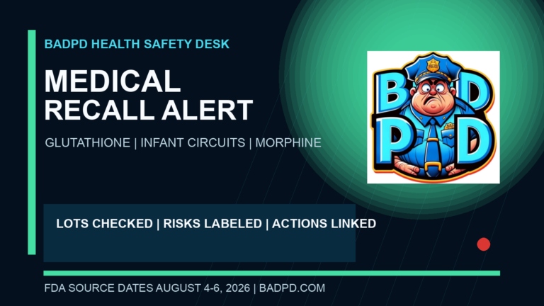 BadPD health safety graphic for FDA-posted medical recalls in August 2026