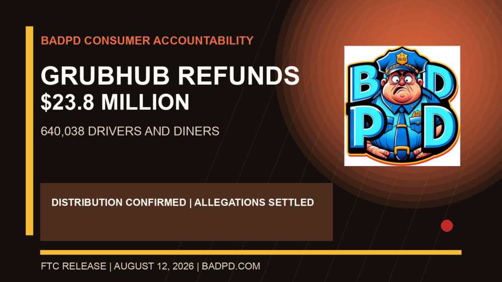 BadPD consumer accountability card stating FTC is sending $23.8 million in Grubhub refunds