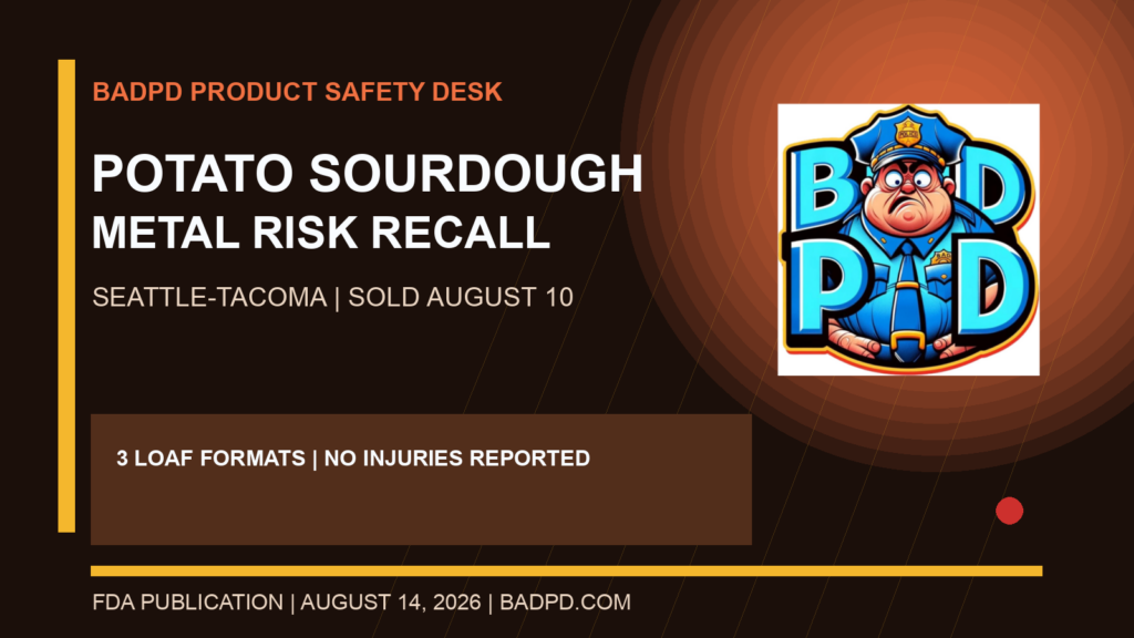 BadPD recall graphic for Grand Central Bakery potato sourdough due to possible metal pieces