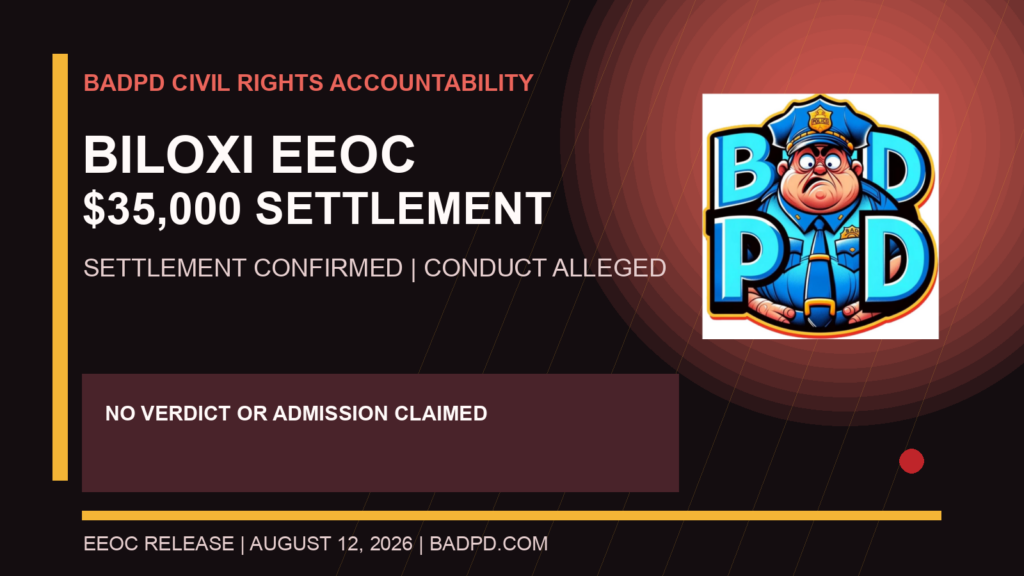 BadPD civil rights accountability card for the confirmed 35,000 dollar EEOC settlement involving Ground Zero Biloxi