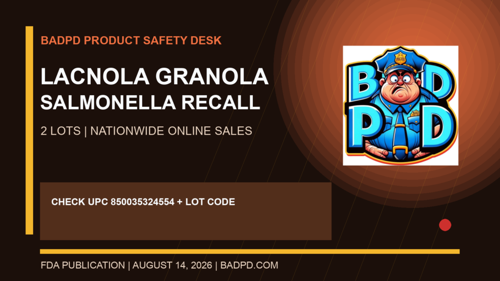 BadPD recall graphic for two lots of Lacnola Lactation Granola due to possible Salmonella contamination