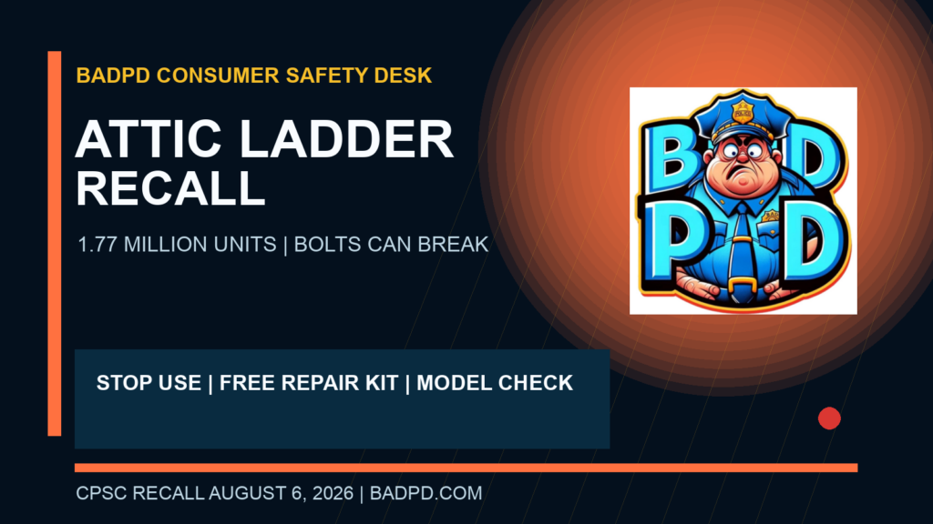 BadPD consumer safety graphic for the Louisville Ladder attic stairway recall