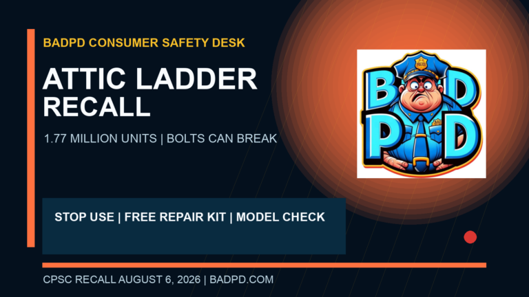 BadPD consumer safety graphic for the Louisville Ladder attic stairway recall