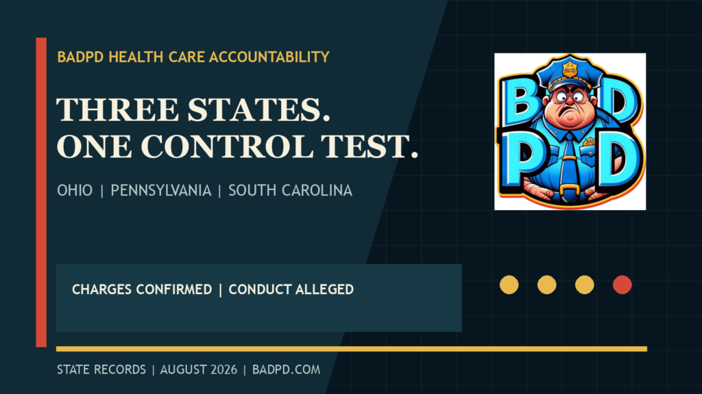 BadPD graphic for August 2026 Medicaid enforcement records in Ohio, Pennsylvania and South Carolina