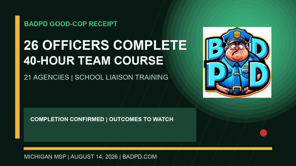 BadPD graphic stating 26 officers completed Michigan TEAM school liaison training on August 14, 2026