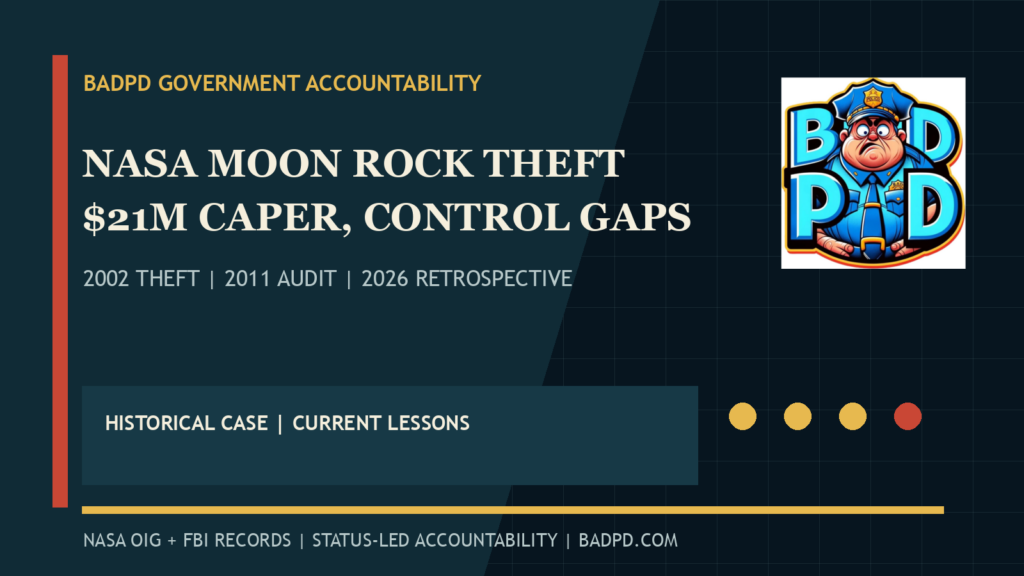 BadPD graphic about the 2002 NASA moon rock theft, 2011 astromaterials audit and 2026 OIG retrospective