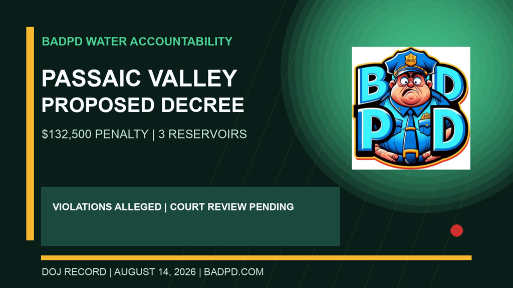 BadPD graphic summarizing the proposed Passaic Valley Water Commission drinking-water consent decree and penalty