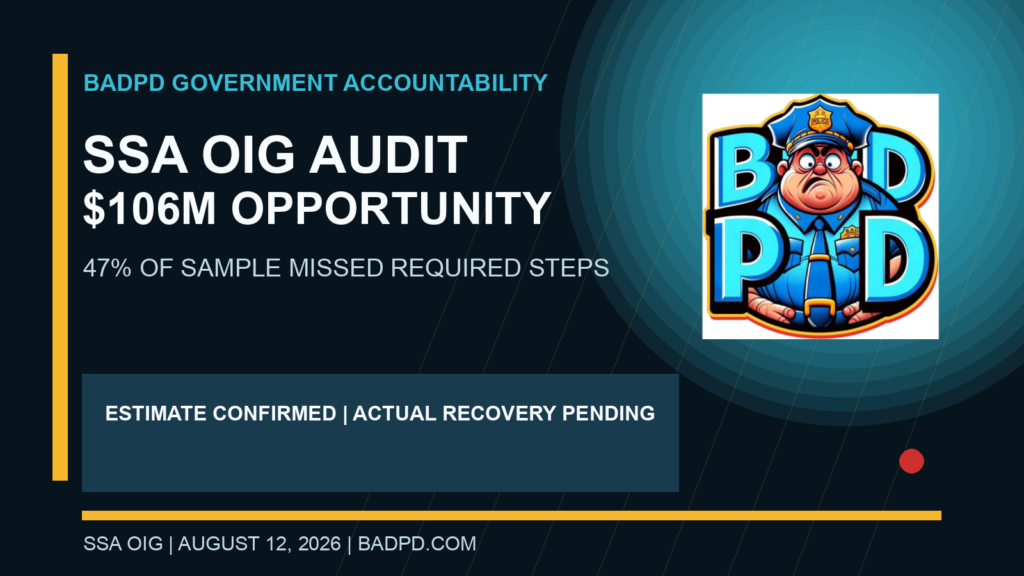 BadPD accountability card stating SSA OIG identified an estimated $106 million recovery opportunity