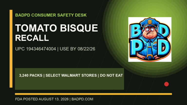 BadPD consumer safety card for the Marketside Tomato Bisque Soup Kit recall, UPC 194346474004, use-by August 22, 2026