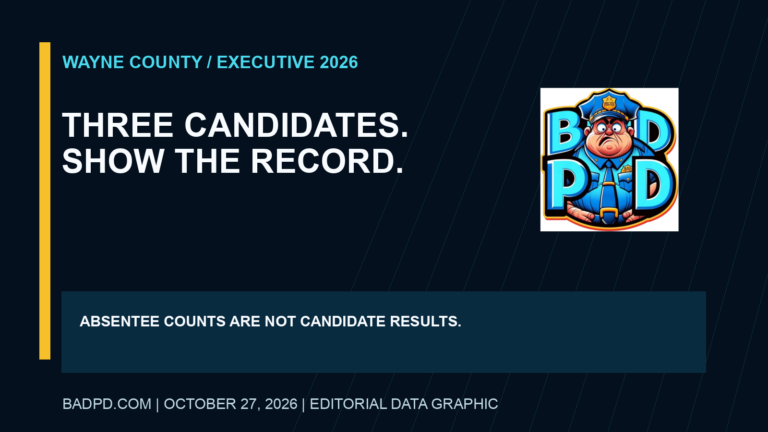 BadPD editorial data graphic: Wayne County Executive 2026: Candidates, Absentee Votes and What Is Not Known; not a photograph of voters or candidates.