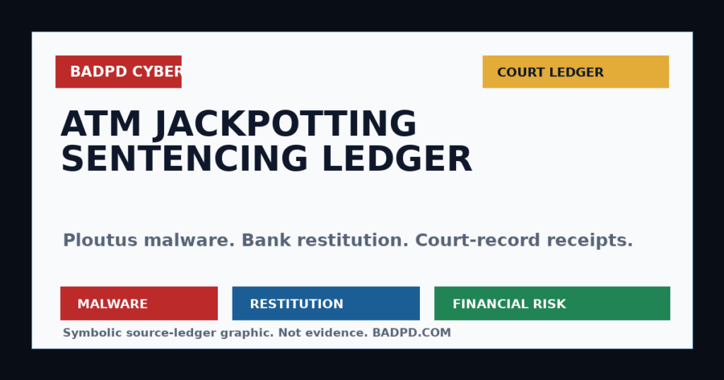 Symbolic BadPD cyber public-safety ledger graphic for ATM jackpotting sentencing.