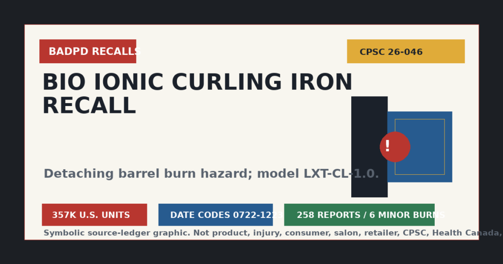 Symbolic BadPD CPSC recall ledger graphic for Bio Ionic curling iron recall 26-046.