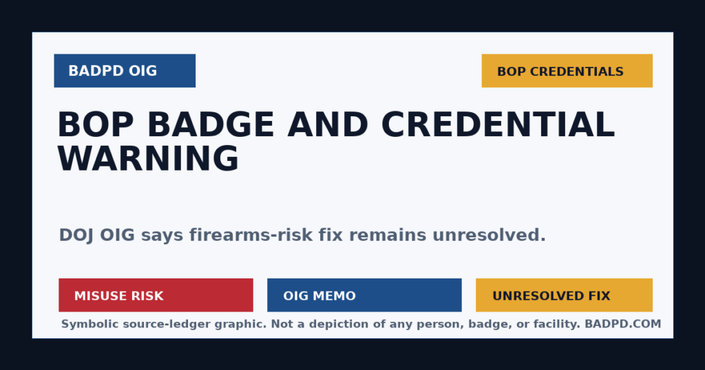 Symbolic BadPD oversight ledger graphic for DOJ OIG BOP badge and credential firearms advisory.