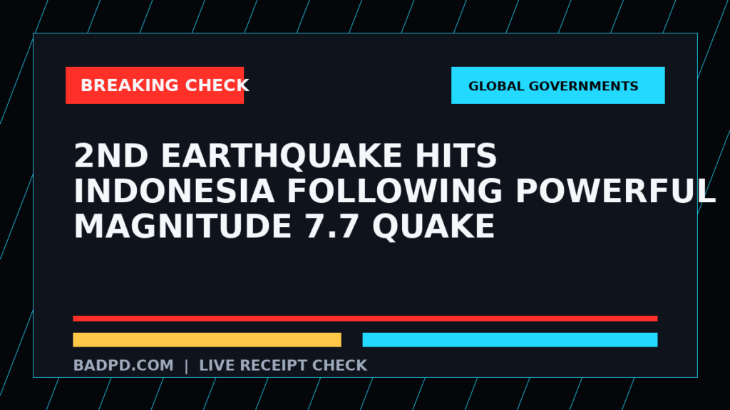 Symbolic editorial breaking-check graphic for 2nd earthquake hits Indonesia following powerful magnitude 7.7 quake, not a depiction of the event.