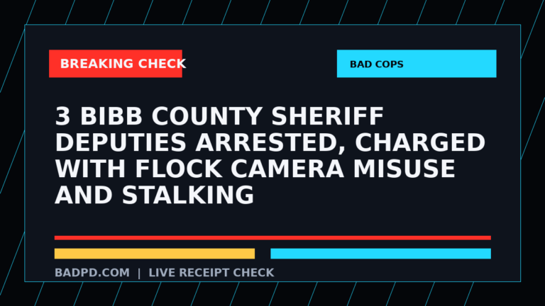 Symbolic editorial breaking-check graphic for 3 Bibb County Sheriff deputies arrested, charged with Flock camera misuse and stalking, not a depiction of the event.