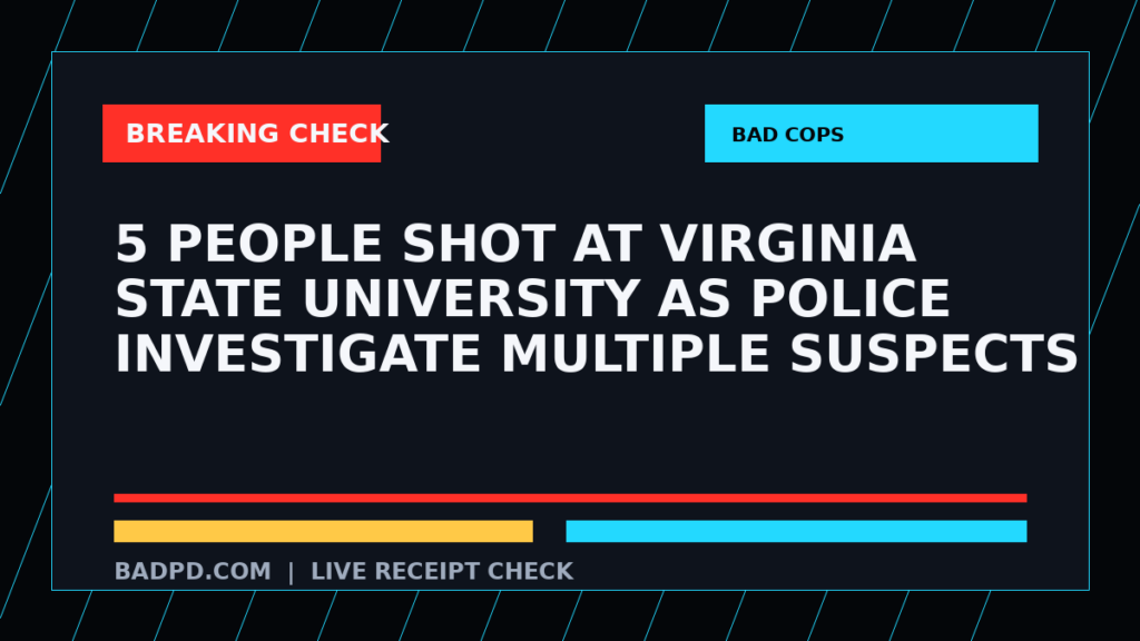 Symbolic editorial breaking-check graphic for 5 people shot at Virginia State University as police investigate multiple suspects, not a depiction of the event.