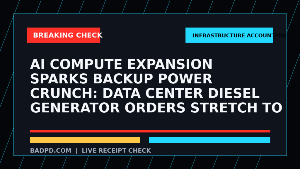 Symbolic editorial breaking-check graphic for AI Compute Expansion Sparks Backup Power Crunch: Data Center Diesel Generator Orders Stretch to 2028, not a depiction of the event.