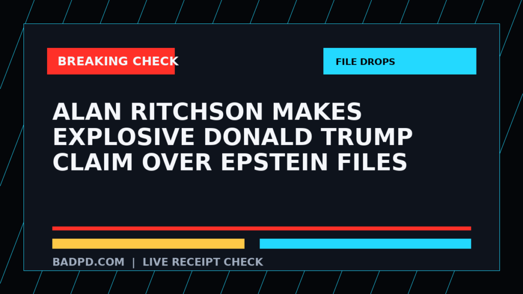 Symbolic editorial breaking-check graphic for Alan Ritchson Makes Explosive Donald Trump Claim Over Epstein Files, not a depiction of the event.