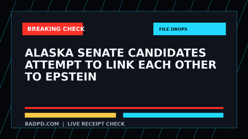 Symbolic editorial breaking-check graphic for Alaska Senate Candidates Attempt to Link Each Other to Epstein, not a depiction of the event.